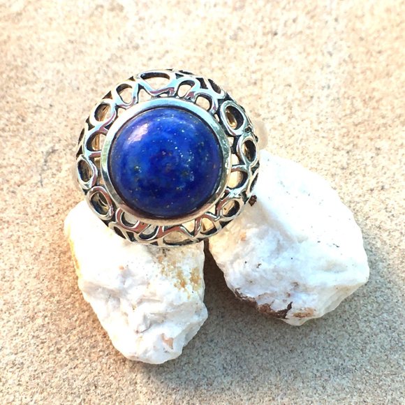 Genuine Lapis Lazuli Round .925 Ring Ornate Silver size 6.5 - Picture 6 of 13